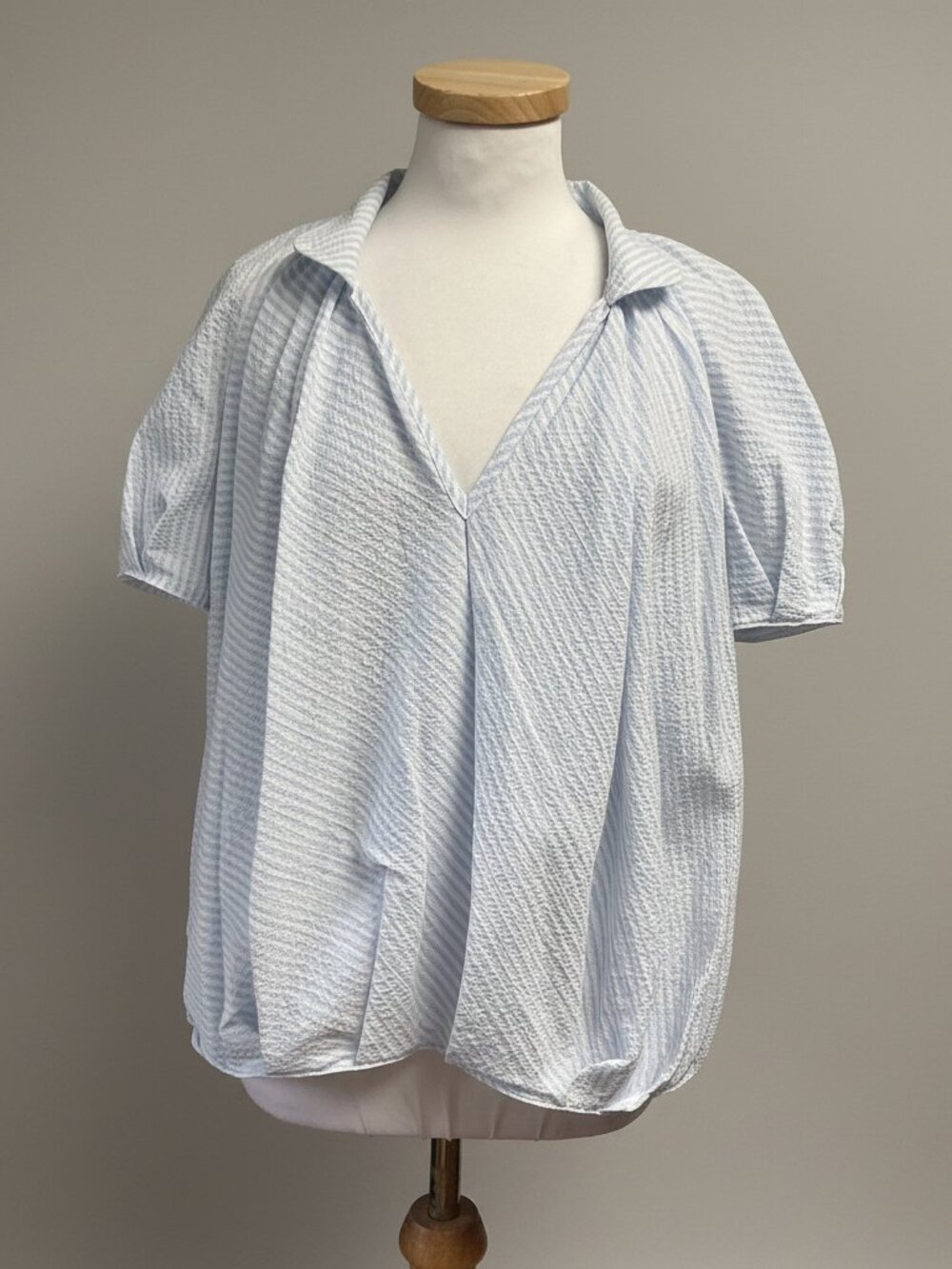 Tish Cox light blue stripe puff blouse, size S